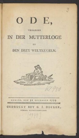 Ode, Verlesen In Der Mutterloge Zu Den Drey Weltkugeln : Berlin, Dbn [!] 31 December 1778.