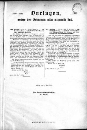 Anlagen: (490-491), Vorlagen, welche den Zeitungen nich mitgeteilt sind, 27. Mai 1921