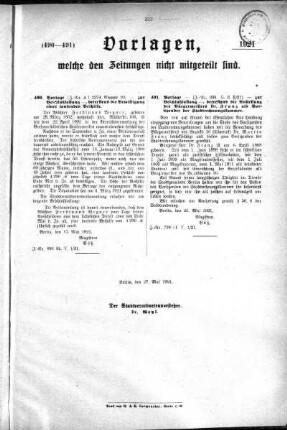 Anlagen: (490-491), Vorlagen, welche den Zeitungen nich mitgeteilt sind, 27. Mai 1921