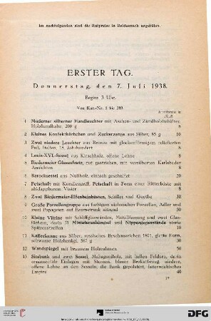Erster Tag. Donnerstag, den 7. Juli 1938. Beginn 3 Uhr (Nr. 1-289)