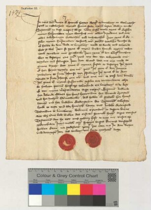 Testament des Lüneburger Bürgers Hinrick Hagen, besiegelt durch die Ratsmannen Hinrik Lange und Ludeke Godenstede.