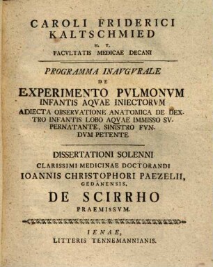 Caroli Friderici Kaltschmied ... Programma Inavgvrale De Perverso In Investigandis Vvlneribvs Specillorvm Vsv : Dissertationi Solenni ... Gerhardi Meieri ... De Pathologia Diarrhoeae Praemissvm