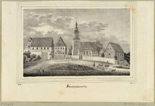 Ortsansicht von Frankenstein (Oederan) in Mittelsachsen mit Kirche und Fachwerkhäusern, aus Sachsens Kirchen-Galerie von Hermann Schmidt, Bd. 2 1838