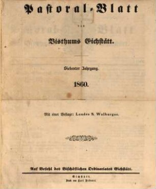Pastoralblatt : Amtsblatt des Bistums Eichstätt. 7. 1860