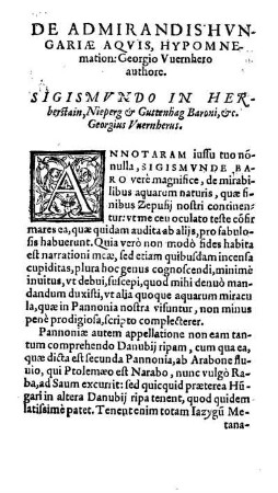 De Amirandis Hungariae Aquis, Hypomnimation: Georgio Vuernhero authore Sigismundo in Herberstain, Nieperg & Guttenhag Baroni, & c. Georgius Vuernherus