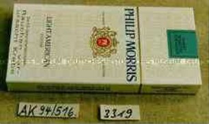 Pappschachtel für 3 Stück Zigaretten "PHILIP MORRIS LIGHT AMERICAN FILTER" mit Inhalt
