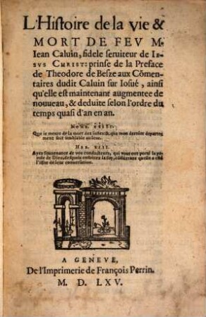 Histoire de la vie et mort de Jean Calvin ...