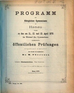 Programm : womit zu der ... stattfindenden Schlußfeier ergebenst einladet. 1877/78