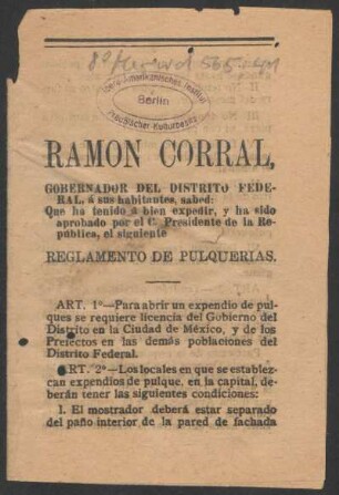 Reglamento de pulquerías.