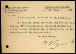 Postkarte; AIDR an DAI Athen (Anschreibelisten)