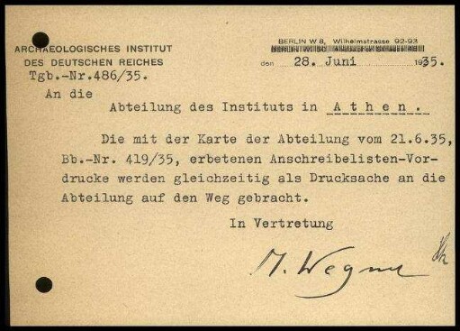 Postkarte; AIDR an DAI Athen (Anschreibelisten)