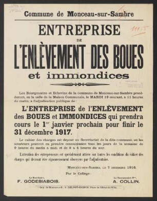 Commune de Moceau-sur-Sambre. Entreprise de l'Enlèvement des Boues et Immondices. Par le Collège: Le Secrétaire F. Godesiabois. Le Bourgmestre ffons, A. Collin. Monceau-sur-Sambre, le 7. Decembre 1916.