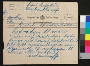 Telegramm an Frau Kapitänleutnant Karpf [Vally von Karpf]