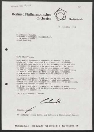 Brief an Gianfranco Rebulla an Deutsche Grammophon-Gesellschaft, 16.12.1993