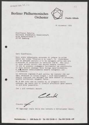 Brief an Gianfranco Rebulla an Deutsche Grammophon-Gesellschaft, 16.12.1993