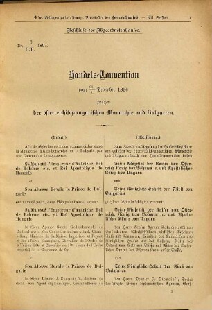Stenographische Protokolle über die Sitzungen des Herrenhauses des Reichsrates. Beilagen. 1897 = Sess. 12 = Beilage 1 - 8