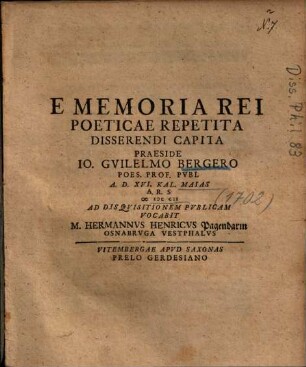 E Memoria Rei Poeticae Repetita Disserendi Capita