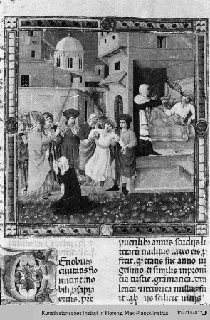 Lektionar in vier Bänden, 3. Buch : Buchseite mit Text, ornamentierter Initiale C und Miniatur: Der Heilige Zenobius erweckt einen verunglückten Knaben wieder zum Leben