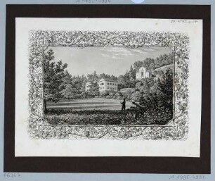 Die alte Königliche Villa (Palais) des Königs Friedrich August II. am Weinberg in Wachwitz bei Dresden, rechts die neogotische Kapelle, Motiv in üppiger floraler Rahmung