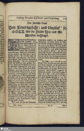 Der Zwölffte Titul. Von Feuersgefahr: und Unglück ' so Gott über die Städte Neu: und Alt-Dresden verhänget.