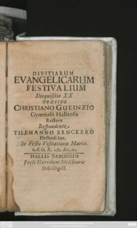 Divitiarum Evangelicarum Festivalium Disquisitio XX
