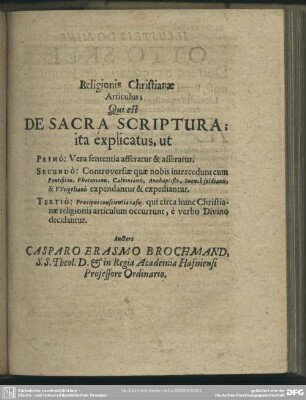 Religionis Christianae Articulus; Qui est De Sacra Scriptura