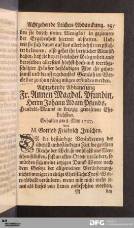 Achtzehende Abdanckung Fr. Annen Magdal. Pfundin...