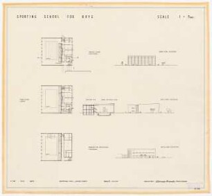 Sportfield Kairo Sporting School for Boys: Swimming Hall, Cover Street, 3 Grundrisse, 1 Schnitt Section A-B, 3 Ansichten North-east-Elevation, South-east-Elevation, South-west-Elevation 1:500