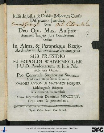 De Justis, Injustis, & Dubiis Bellorum Causis Dissertatio Juridica