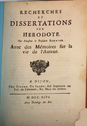 Recherches et dissertations sur Herodote