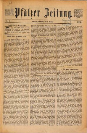 Pfälzer Zeitung. 1884, [1] = Jan. - Juni