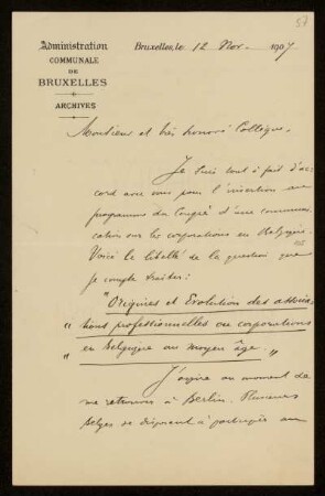 57: Brief von Guillaume Des Marez an Otto von Gierke, Brüssel, 12.11.1907