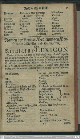 Namen der Aemter, Bedienungen, Professionen, Künstler und Handwerker, Oder Titulatur-Lexicon