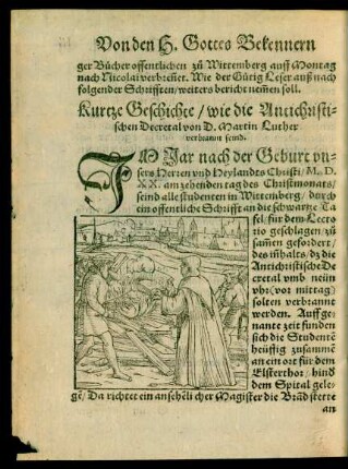 Kurtze Geschichte/ wie die Antichristischen Decretal von D. Martin Luther verbrannt seind.