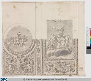 Kassel, Kunsthaus: Entwurf für Wandmalerei im Optischen Kabinett: Zwei Hochfüllungen mit Putten und Sitzfiguren beim Gebrauch optischer Instrumente