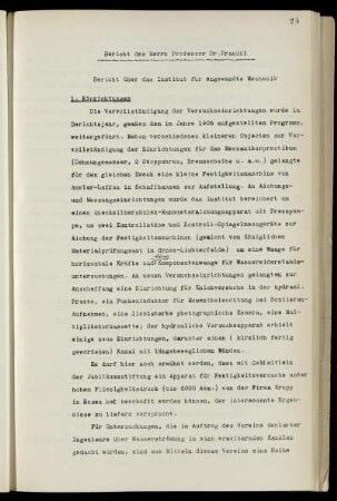 Bericht des Herrn Professor Dr. Prandtl. Bericht über das Institut für angewandte Mechanik
