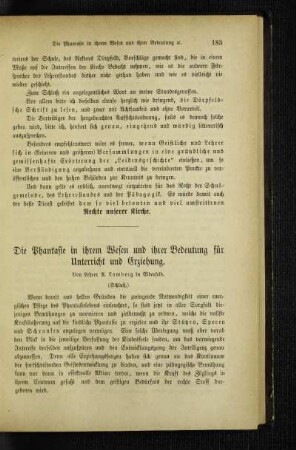 ¬Die¬ Phantasie in ihrem Wesen und ihrer Bedeutung für Unterricht und Erziehung : (Schluß)