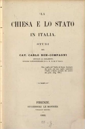 La chiesa e lo stato in Italia : Studi del Cav. Carlo Bon-Compagni