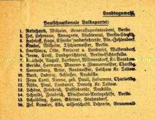 Handzettel mit der Kandidatenliste der DNVP zur preußischen Landtagswahl 1928 (?)