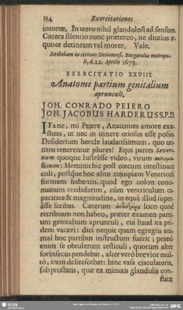 Exercitatio XXVIII. Anatome partium genitalium aprunculi. Joh. Conrado Peiero Joh. Jacobus Harderus S. P. D.