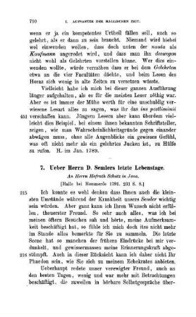 7. Ueber Herrn D. Semlers letzte Lebenstage