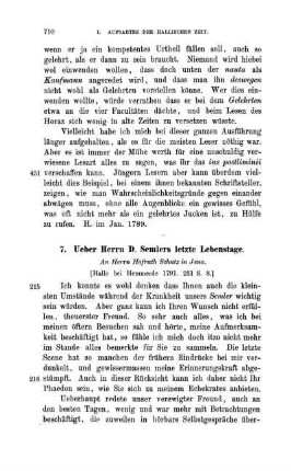 7. Ueber Herrn D. Semlers letzte Lebenstage
