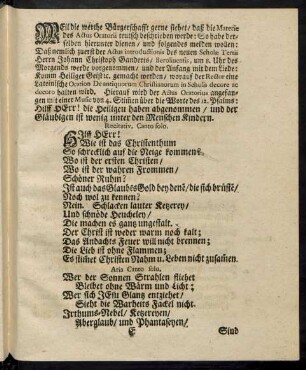 Weil die werthe Bürgerschafft gerne siehet, daß die Materie des Actus Oratorii teutsch beschrieben werde: ...