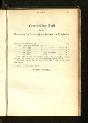 Provisorischer Tarif für die Benutzung des hydraulischen Krahns am Holzhafen.
