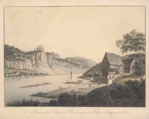 Die Sächsischen Schweiz bei Krippen (Bad Schandau-Krippen) vom linken Elbufer nach Südosten, im Hintergrund die Schrammsteine