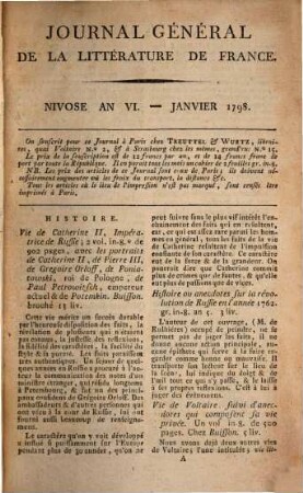 Journal général de la littérature de France : ou indicateur bibliographique et raisonné des livres nouveaux en tous genres, suivi d'un bulletin de la littérature étrangère. 1, 1. 1798