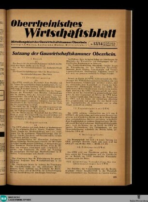 Oberrheinisches Wirtschaftsblatt : Mitteilungsbl. d. Gauwirtschaftskammer Oberrhein