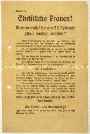 Aufruf der Zentrumspartei an Frauen zur Berliner Stadtverordnetenwahl 1919
