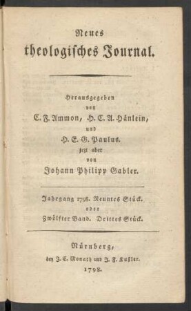 Jahrgang 1798. Neuntes Stück. oder Zwölfter Band. Drittes Stück