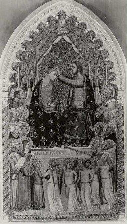 Krönung Marias mit Engeln und Heiligen : Puccio di Simone (Meister des Fabriano-Altares): Krönung Marias mit Engeln und Heiligen. Mittelbild eines Altars. Florenz, um 1340/1345. Tempera auf Pappelholz; 63 x 32 cm (Bild). Altenburg: Lindenau-Museum, Gemäldesammlung 16
